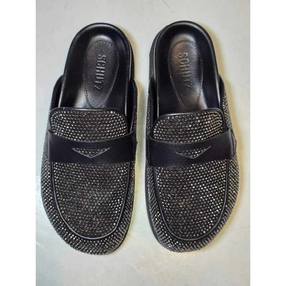 Schutz Ava Women's Shoes Size 7 B Black Leather Mule Metallic Slip‎ On Slides